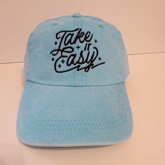 Take It Easy Curved Bill Mesh Embroidered Snapback Washed Denim Blue Green Cap - Picture 2 of 5